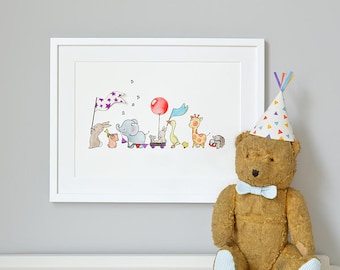 Animals on Parade, UNFRAMED Nursery Art Print Picture, Giclée Print, baby's bedroom Illustration, Children's decor, Personalised with name,