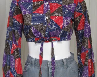 1960s-70s crop top, country print blouse, vintage shirt, Stuffed Shirt, size small