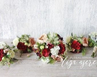 Burgundy Bridal Bouquet Rustic Style Wedding Package Bridesmaids Bouquets Silk Flowers Rosemary Berries Woodland Artificial Burgundy Bridal Bouquet Rustic Style Wedding Package Bridesmaids Bouquets Silk Flowers Rosemary Berries Woodland Artificial