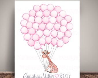 Giraffe Baby Shower Guest Book Art Print for Giraffe Baby Shower - Balloon sign in - Giclee Print, 11x14 or 13x19 k3
