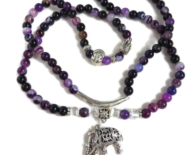 Vintage Purple Beaded Pendant Necklace | Elephant Charm Silver Tone Necklace