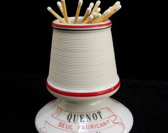 Cassis Quenot Match Striker Holder 1900's French Pyrogene Matchstrike Red White Ceramic Porcelain Barware Tobacciana Paris Cafe Advertising