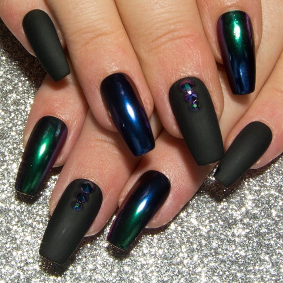 Matte Black & Chrome Nails Ombre Mirror Nails Coffin False