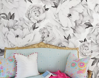 Peony Flower Mural Wallpaper, Black and White, Watercolor Peony Extra Large Wall Art, Peel and Stick Wall Poster