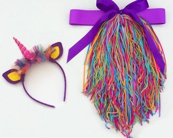 Purple Rainbow Yarn Unicorn Headband and Tail Set with Elastic Waistband
