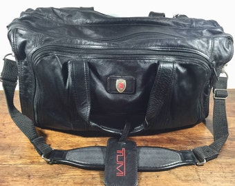Tumi Large Black Leather Duffel Bag, Travel Bag, Ferrari Emblem