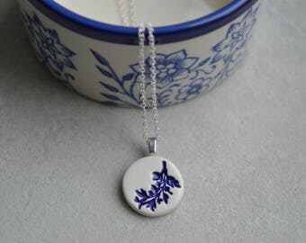 Delft blue necklace, ceramic pendant necklace, royal blue jewelry, small fern pendant, ceramic jewellery, gift for her