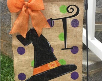 Hand Painted Monogrammed Burlap Witch Hat Flag