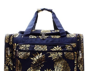 Personalized Navy Blue & Gold Pineapple Print 20" Duffel Bag * Back to School Bag * Embroidered Duffle Bags with Monogram or Name Gift