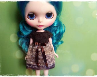 BLYTHE Dress, Pure Neemo, Licca, Takara, Pullip, Dal - Knitted Brown and Multicolor Brown Dress With Bow #14