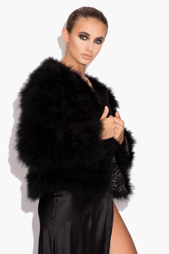 Black Fluffy Feather Jacket Marabou Winter Womens Clothing