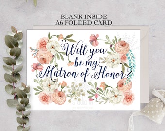Matron of Honor Card set, Will You Be My Matron of honor, Wedding Card, Floral Card, Bridal Party, floral matron of honor card