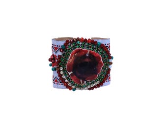 Red Rose Bracelet Bohemian Cuff Bracelet One of a Kind Jewelry Unique Bracelet Shrink Plastic Jewelry Red Flower Bracelet Hippie Chic Cuff