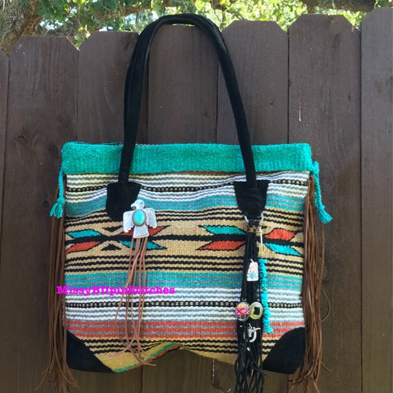 Turquoise and Tan Saddle Blanket Bag Saddle Blanket Tote
