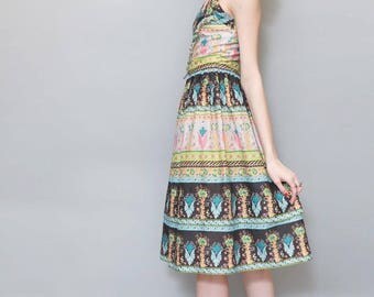 Vintage 1970's Premium Tiered Halter Neck Floral Midi Dress