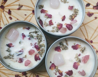 Love Spell Candle Magick / Intention Candle / Rose Quartz Crystal / Crystal Magick Herb Candle
