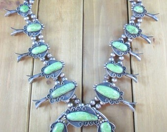 Green Carico Lake Turquoise Squash Blossom Necklace Sterling Silver Designer Signed Vintage Navajo 241.8 Grams