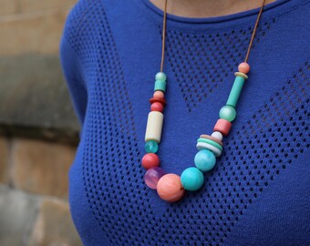 Chunky Necklace, Mint Green/Peach/Coral Necklace, Recycled Necklace, Beaded Necklace