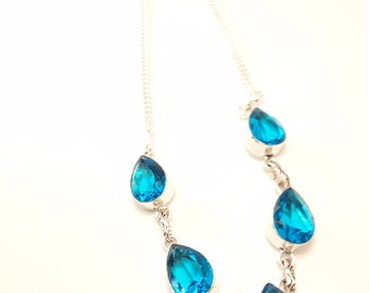 Sterling silver stunning pear shaped blue topaz gemstone necklace 19 gm