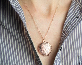 Floral Rose Gold Locket Necklace, Picture Locket, Paisley Pink Flower Jewelry, Rose Gold Wedding Locket, Picture Memento Necklace