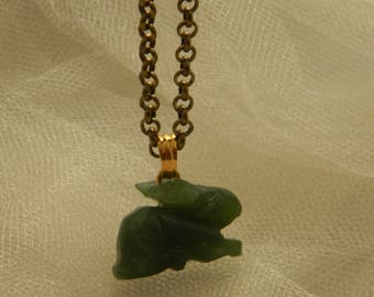 Carved bone rabbits pendant w green jade beads necklace