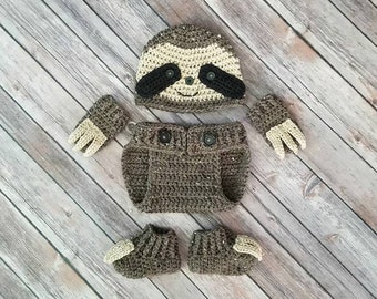Baby Sloth Outfit, Sloth Costume,Baby Halloween Costume, Hat, Diaper Cover, Booties and Mittens with Claws, Photography Prop, New Mom Gift