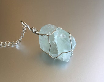 Light Green Fluorite Necklace, Raw Crystal Necklace, Healing Crystal, Boho Jewelry, Sterling Silver, Wire Wrapped