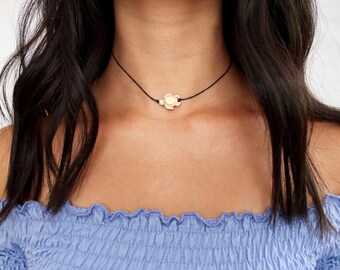 beachy turtle choker - sandy, black cord, minimal, delicate, dainty