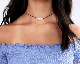 triple pearl choker - three pearls, black cord, minimal, delicate, dainty
