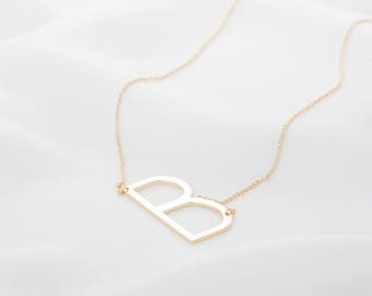 Gold Large Letter Necklace, Oversized Silver Initial Necklace, Rose Gold Sideways Initial Necklace, Side Letter Pendant Necklace, Gift