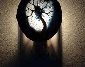 Copper Wire Tree Of Life Metal Art Sculpture On A Blue Agate Stone Crystal Nightlight
