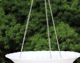 WHITE Hanging Glass Bird Feeder Bird Bath Vintage Floral Light Shade Glass Recycled