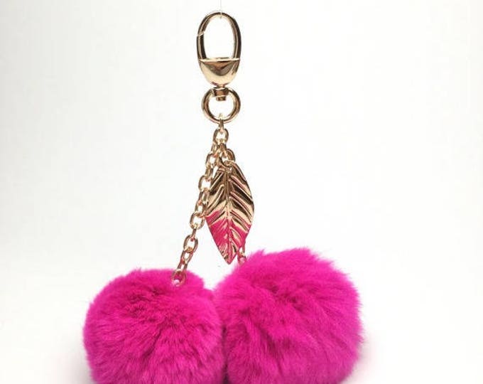 New! Pink CHERRY pom pom keychain rex rabbit fur pompon unique bag charm fur ball keyring