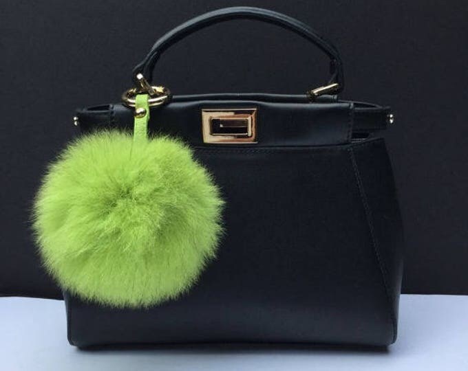 Fur bag charm, fur pom pom keychain, fur ballkeyring purse pendant in neon green
