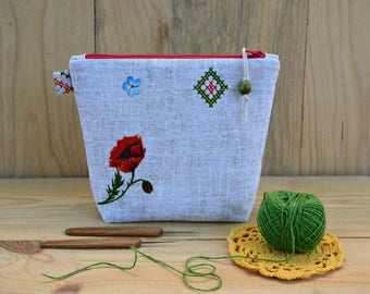Knitting notions bag Wedge zipper bag Crochet hook pouch Wedge knitting tote Sock project bag Poppy Makeup Bag Stitch marker bag Travel bag