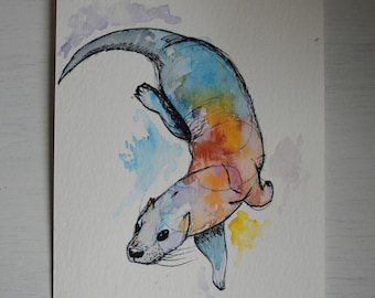Hand Painted Otter - Ink and Watercolour