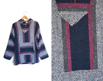 Vintage Baja Hoodie. Hooded Pullover. Striped Pullover. Boho Jacket. Pink Grey and Bleu. Womens Pullover.