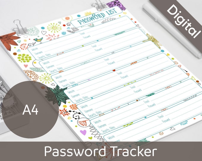 A4 Password Book, Password List, Log, Keeper, Tracker, Journal, Printable Refill Insert, Syasia Cute Floral DIY Planner PDF Instant Download