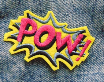 POW! Sew / Iron on Embroidery Patch Comic Book Explosion Word Badge for Jackets & Clothing Pink Yellow Blue Fun Design Pop Art Theme UK