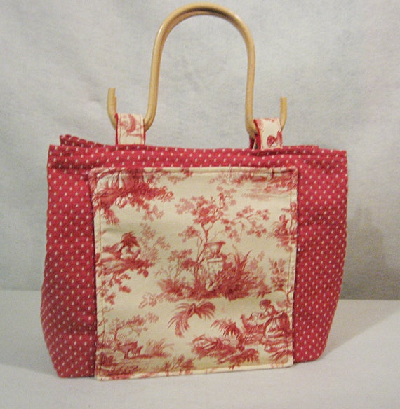 Items similar to Red Toile Tote, Red and Yellow Tote, Summer Tote, Wood ...