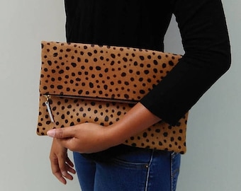 SUMMER SALE Leopard clutch, Genuine leather, leopard fold over clutch, leopard print clutch, leopard leather clutch, leather clutch, leopard