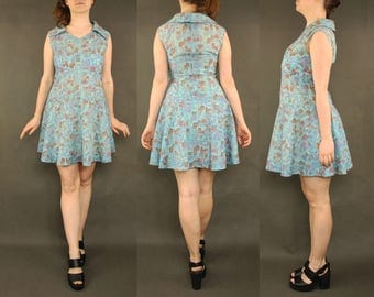 Skater dress - blue dress vintage dress with collar fit and flare punk dress a line summer abstract 1970s
