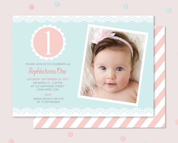 Girl's 1st birthday invitation double sided pastel pink