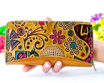 Leather wallet, Iphone wallet case, samsung galaxy s7wallet, Best wallet, Embossed and Handpainted hand craft, Genuine Leather Womens A