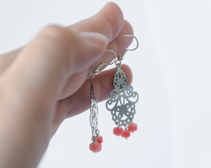 Coral chandelier earrings, Pink chandelier earrings, Pink coral earrings, Pink stone earrings