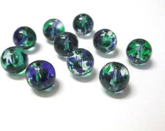 10 green and Blue 10mm, transparent glass beads