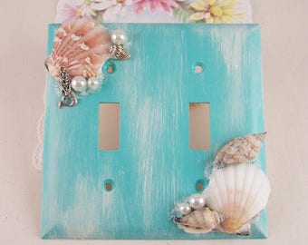 Double Light Switch Plate Cover Outlet Sea Shell Mermaid Switch Plates Distress Painted Switch Plates Girls Beach Bath Home Decor Lighting