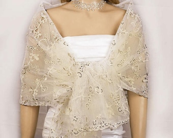 Vintage Ivory Gold Embroidered Lace Wedding Shawl, Bridal Wrap, Bridal Wedding Scarf, Lace Bridesmaid Shawl,Dress Cover up-SF005