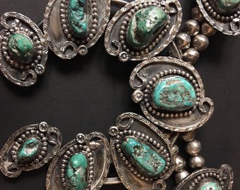 Rare Huge Vintage Navajo Handmade Sterling Genuine Natural Older Green Turquoise Native American Squash Blossom Art Deco Neckla