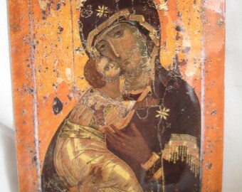 Vintage religious Icon plaque Mary and child, Sacre Coeur - La Basilique du Sacré Cœur de Montmartre, basilica of the sacred heart of Paris